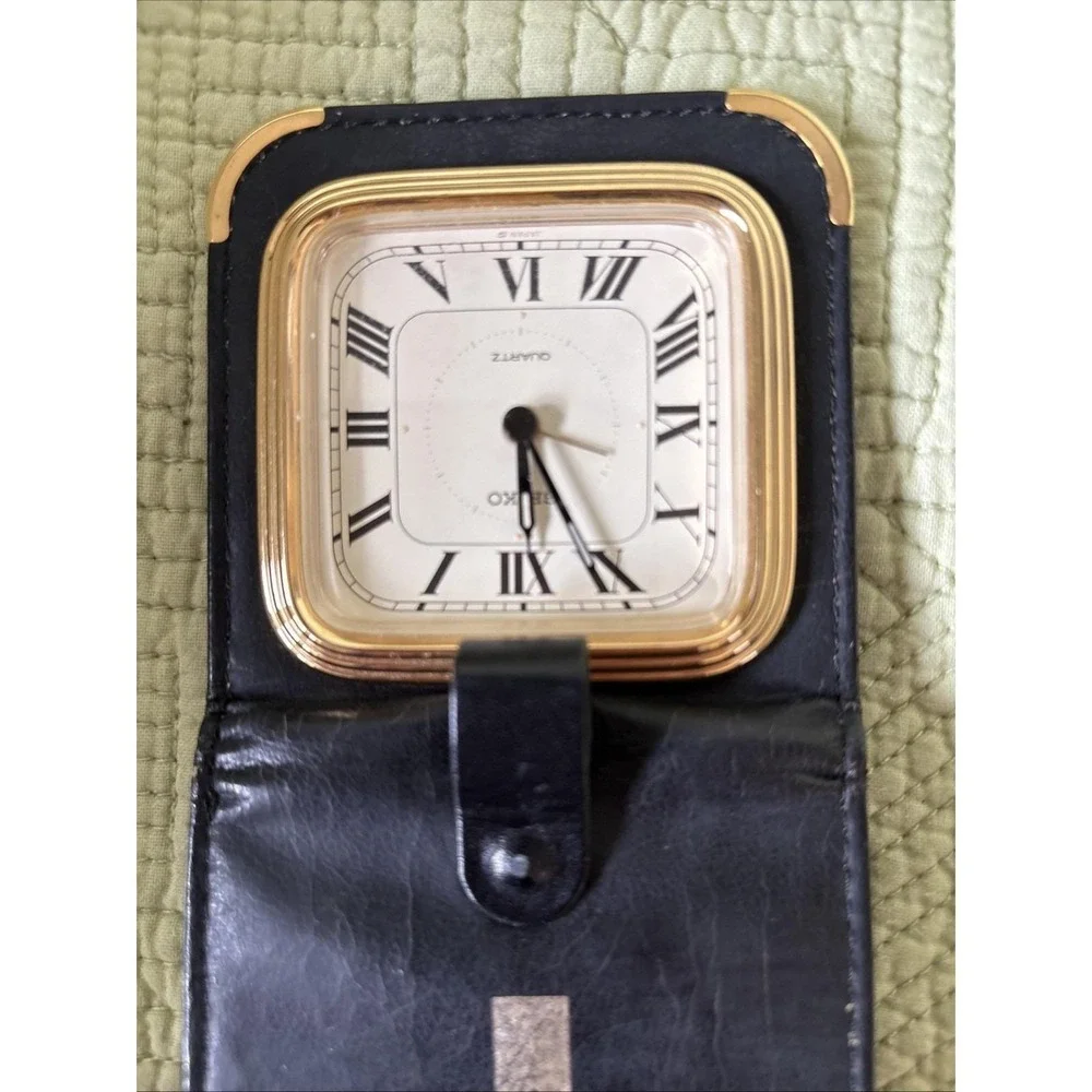 Vtg SEIKO Japan Folding Leather Travel Pocket Watch Clock Working Michelob Light